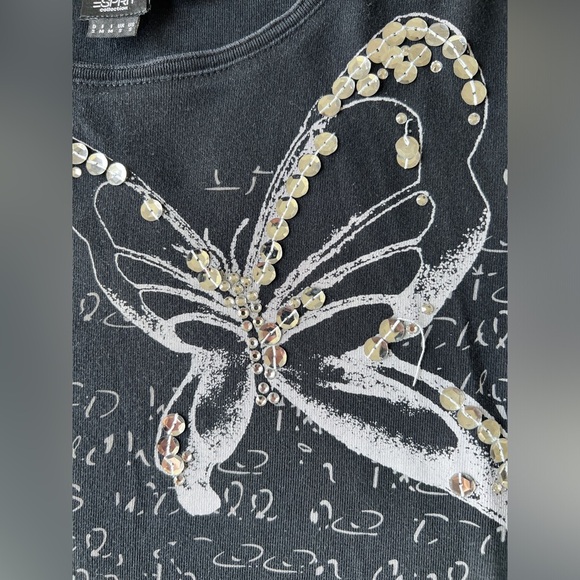 Y2K ESPRIT Womens Black & Silver Sequins Butterfly Fairy Core Goth T-Shirt Small - Picture 5 of 9